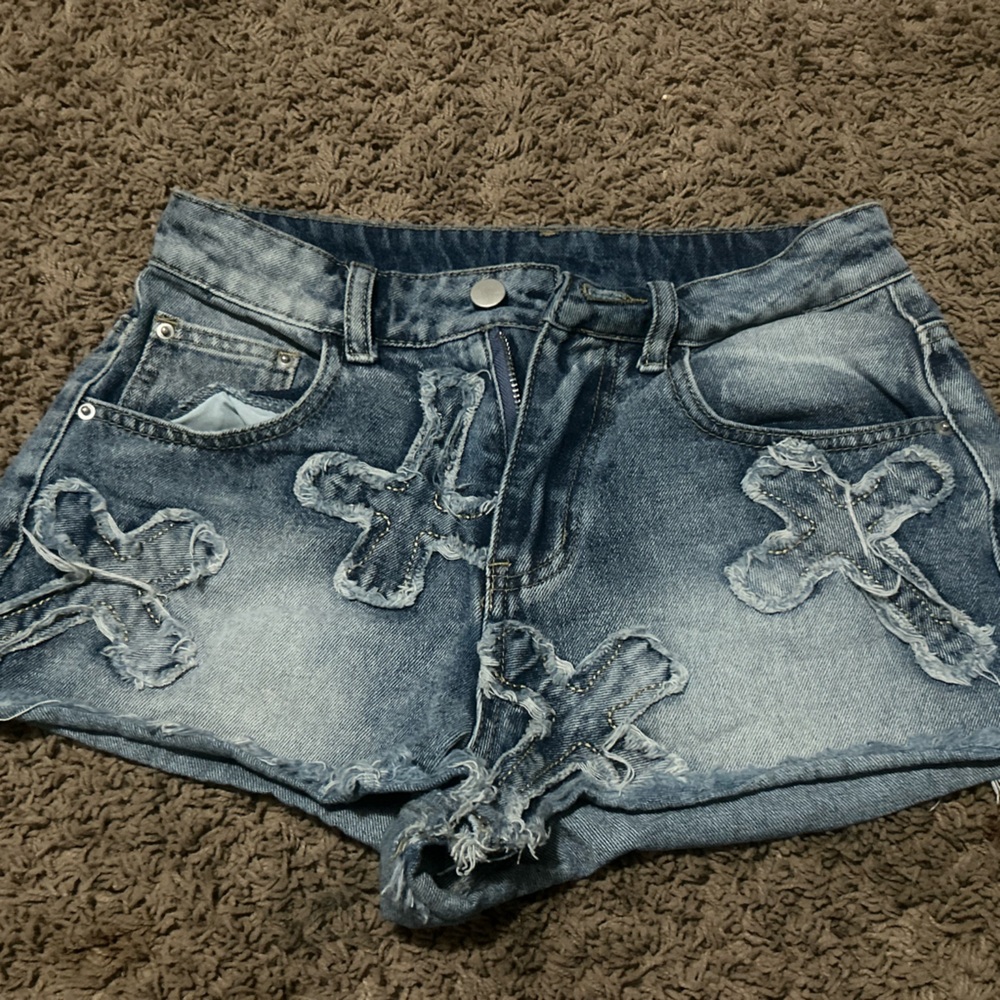 Distressed Denim Shorts with Cross Patches
